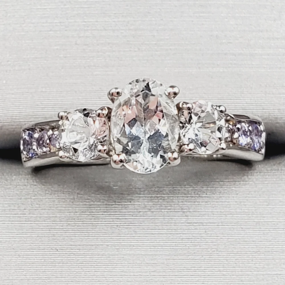 Oval Three Stone Goshenite & Tanzanite 925 Sterling Silver Ring
